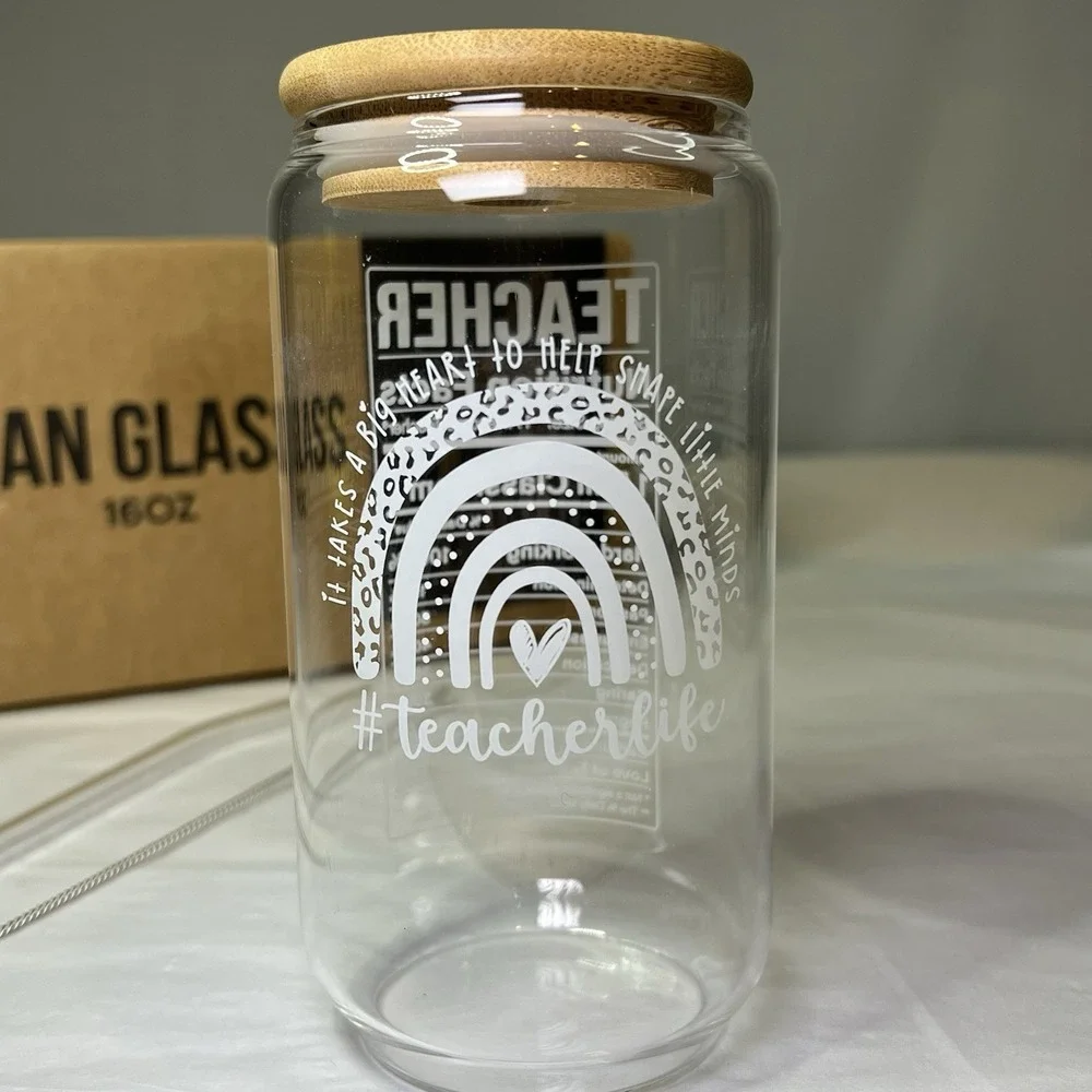 Teacher Appreciation Glass Cup with Lid 2 Straws & Brush 16 Oz New In Box‎ Gift